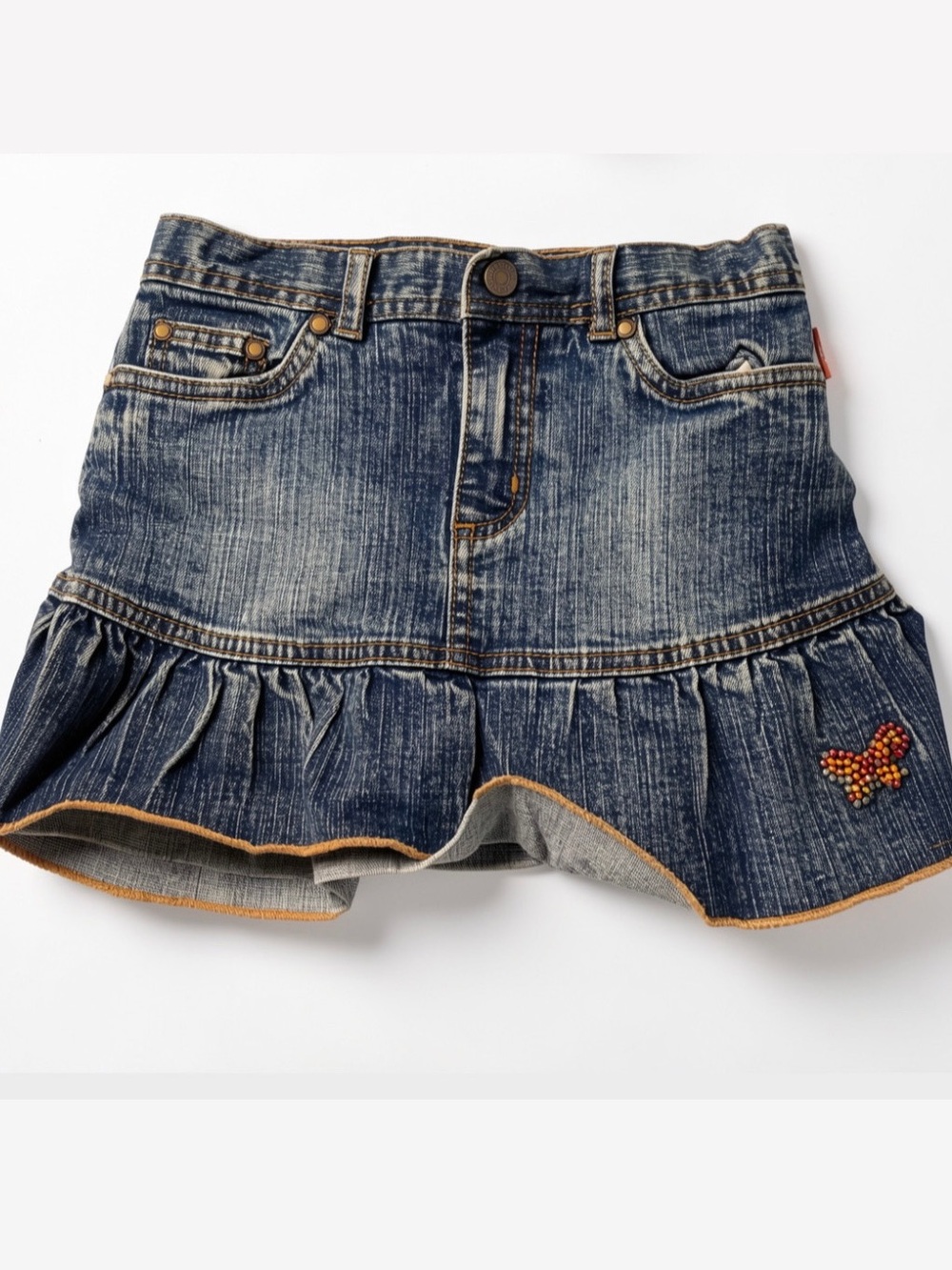 Children’s Place Distressed Vintage Denim Ruffle Skort Sz 6X/7 Butterfly Detail